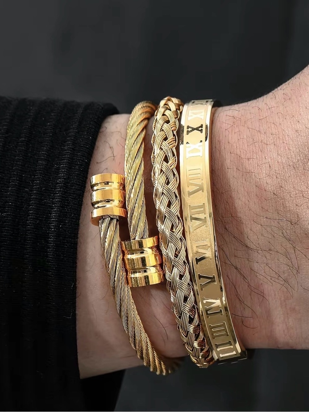 Gold-Tone Women or Men’s Roman Numeral Bangle and Cable Bracelets Set